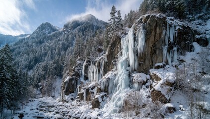 Winter wonderland landscape, icy waterfall cascading down a rocky mountain face, snow-covered trees and valley