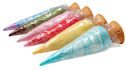 Piping bags with multicolored icing for cake or cookie decoration isolated on a white background