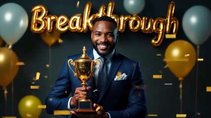 Successful Businessman Holding a Trophy Celebrating Achievement and breakthrough moments - Powered by Adobe