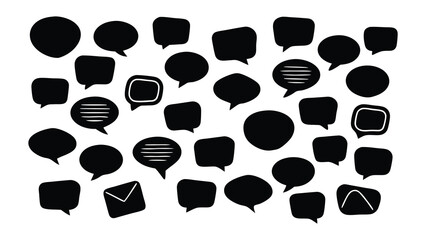 Vector art of set of various black speech and thought bubbles isolated on white background for communication.