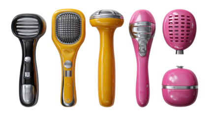 Innovation Unveiled: A curated collection of colorful, handheld microphones in a symphony of bold design, showcasing the evolution of audio technology in this captivating, high-angle shot.