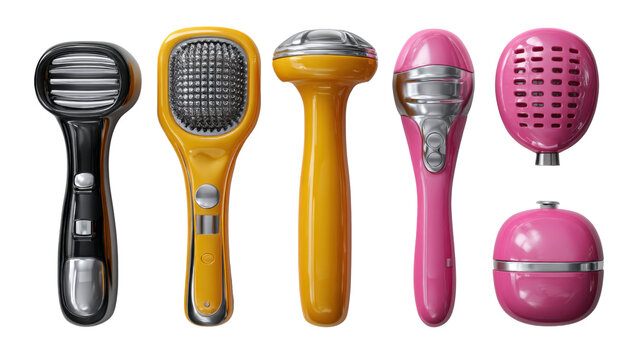 Innovation Unveiled: A curated collection of colorful, handheld microphones in a symphony of bold design, showcasing the evolution of audio technology in this captivating, high-angle shot.