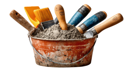 Construction Tools Composition: A meticulously arranged close-up of essential construction tools nested within a rustic bucket, showcasing textures and colors