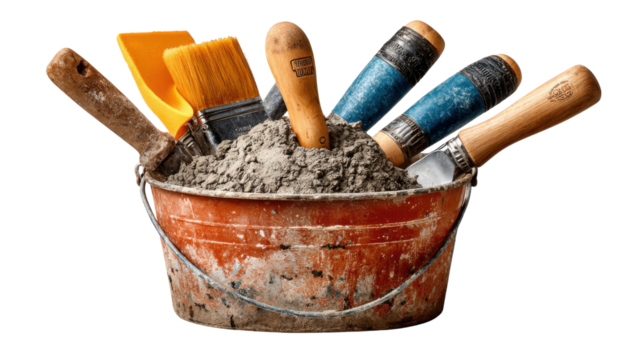 Construction Tools Composition: A meticulously arranged close-up of essential construction tools nested within a rustic bucket, showcasing textures and colors