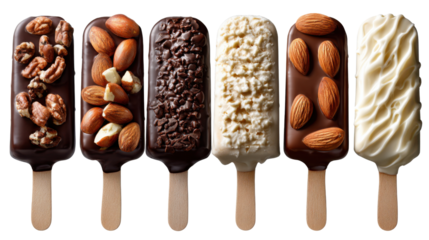 Artisanal Ice Cream Bars: A tempting assortment of artisan ice cream bars arranged elegantly, showcasing diverse flavors and textures, capturing the essence of summer treats and indulgence.
