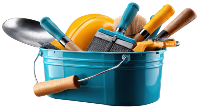 Bucket of Tools: A curated collection of essential hand tools and safety equipment, ready for any construction or repair project.
