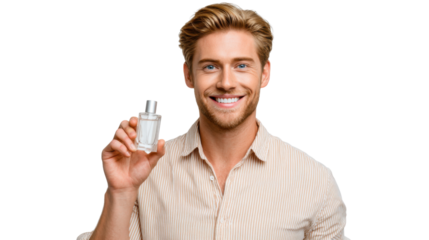 Modern Man with Fragrance: A charismatic man holding a fragrance bottle, embodying sophistication and freshness. capturing the essence of modern male grooming and personal style. 