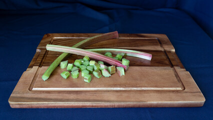 Fresh rhubarb harvested from my garden, ready to make a rhubarb pie.