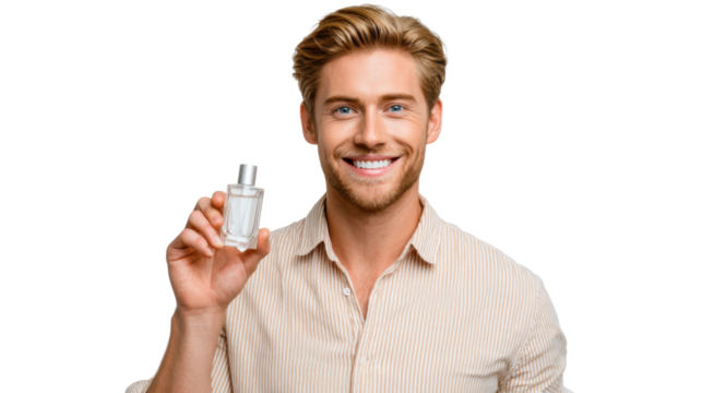 Modern Man with Fragrance: A charismatic man holding a fragrance bottle, embodying sophistication and freshness. capturing the essence of modern male grooming and personal style. 