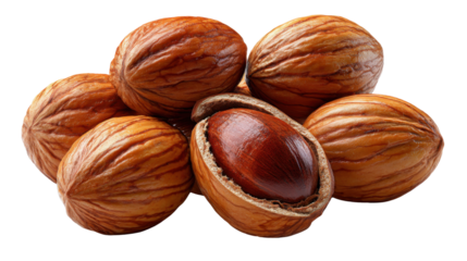 Freshly Harvested Nut: A close-up shot of several freshly harvested nuts, with one artfully cracked open, revealing its rich, nutty interior, hinting at a gourmet culinary experience.
