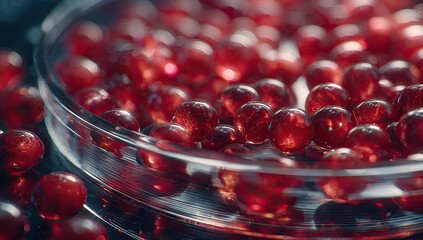Close-up of many small, vibrant red spheres in a clear petri dish