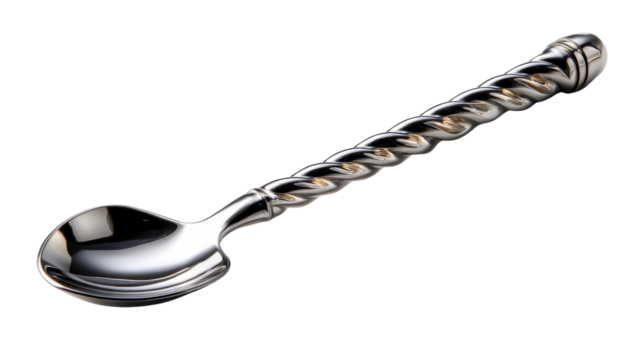 Elegant Bar Spoon: A close-up captures a sleek, silver bar spoon with a twisted handle, perfectly poised for crafting the perfect cocktail.