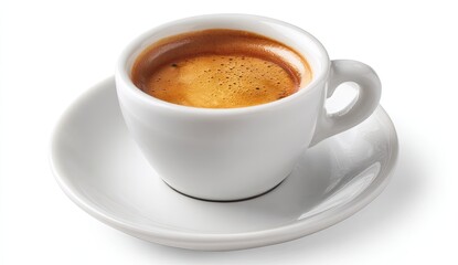 Obraz premium Espresso in a white cup and saucer. A rich, dark espresso, with crema, sits in a small, white porcelain cup atop a matching saucer