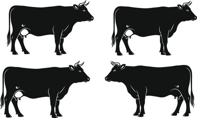 Silhouette, cow, cattle, livestock, farm animal, dairy cow, black and white, vector, rural, agriculture, bovine, illustration, mammal, grazing, countryside, domestic animal, graphic, pasture, farming