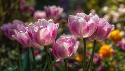 Pink and white tulips in a garden setting