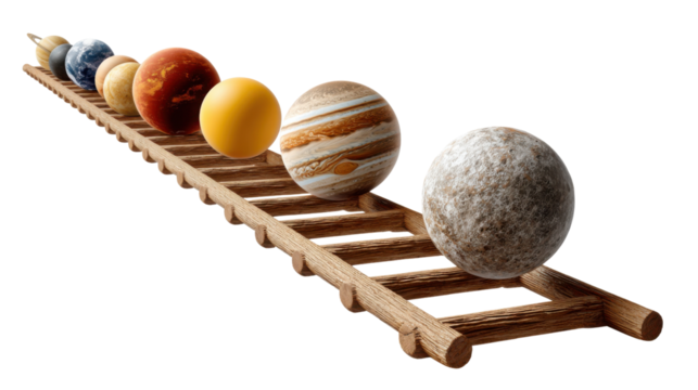 Planetary Stairway: A stylized representation of the solar system, with meticulously crafted planetary spheres ascending a rustic wooden ladder, illustrating the beauty of celestial bodies