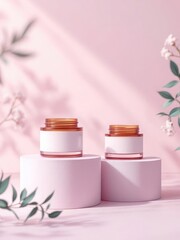 closeup view of two unlabeled white amber cosmetic jars resting on white podiums They are set against a delicate pastel background, epitomizing minimal design
