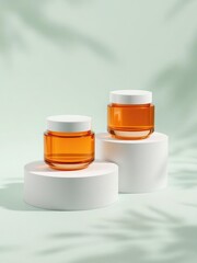 An artistic overhead view of two white amber cosmetic jars placed on white podiums, arranged in a diagonal line on a light pastel green background The jars are unlabeled, highlighting their modern min