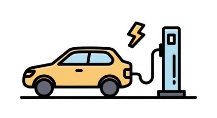 Naklejka premium Electric car at a charging station, simple line art illustration.