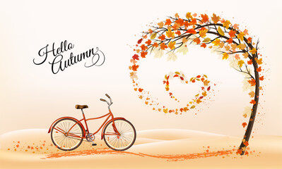 Autumn nature background with tree and flying colorful leaves collected in heart shape and bicycle with leaves. Vector.