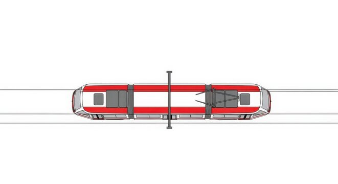 Overhead view of a modern light rail vehicle with red and white accents.