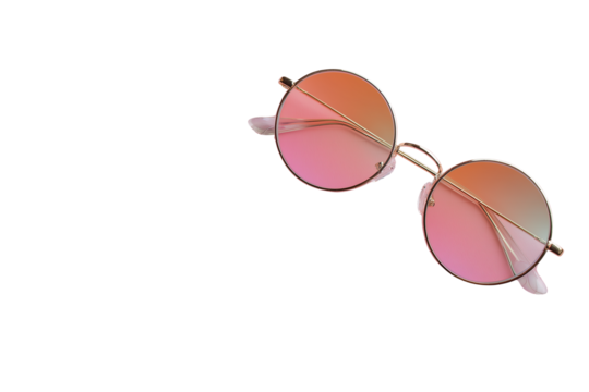 Stylish round sunglasses with pink gradient lenses and thin metal frames on a black background