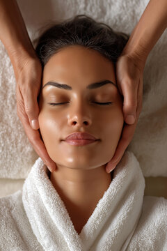 Latin woman in a white spa robe receiving a facial massage, vertical composition focusing on relaxation and skin care, peaceful spa atmosphere.