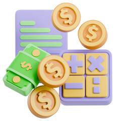 3D Financial Management & Accounting Concept with Money, Coins, Document, and Calculator for Business & Budgeting