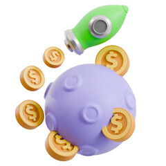 3D Render of Rocket Launching from Planet with Orbiting Dollar Coins Representing Financial Growth & Investment
