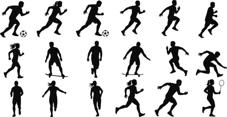 Silhouettes, athletes, sports, running, soccer, skateboarding, badminton, fitness, exercise, active, lifestyle, movement, energy, dynamic, training, competition, outdoor, health, recreation,