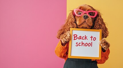 Dog with glasses holds small blackboard with "Back to School", creating back-to-school season theme scene