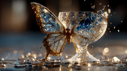 A shattered wine glass reforming into a crystal butterfly, depicting transformation.