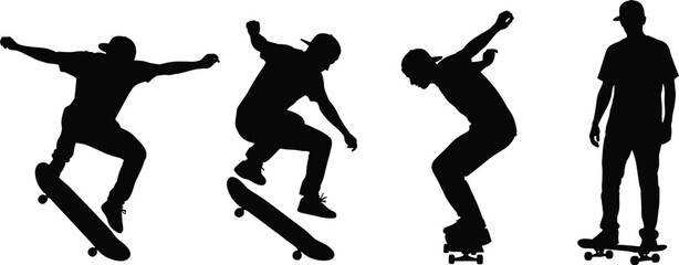 Skateboarding silhouettes, urban sports action, youth culture, dynamic tricks, black and white motion, skateboarders in flight, energetic street performance, bold moves
