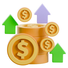 Financial Growth & Investment Success: 3D Stack of Dollar Coins with Upward Arrows, Economic Profit & Increase Concept