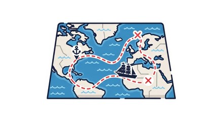 Cartoon world map depicting a pirate's treasure route across the Atlantic Ocean.