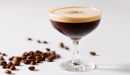 Espresso martini cocktail in coupe glass, coffee beans scattered