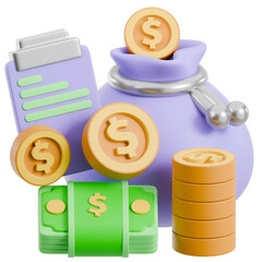 3D Financial Assets Render: Money Bag, Gold Coins, Cash, and Clipboard. Savings, Investment, Business, and Banking Concept.