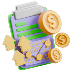 3D Business Growth and Financial Analysis Concept with Report, Coins, and Upward Graph