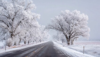 Winter wonderland road. Trees covered in frost line a paved road stretching into a snowy landscape