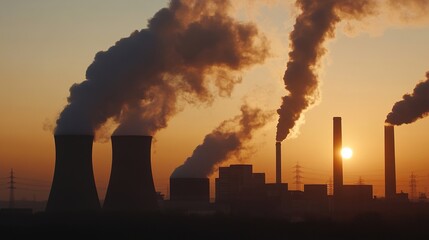 Factory chimneys emitting thick smoke at sunset, presenting scenes of industrial pollution and environmental problems