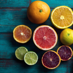 Fototapeta premium A table with a variety of citrus fruits including oranges, grapefruit, and limes