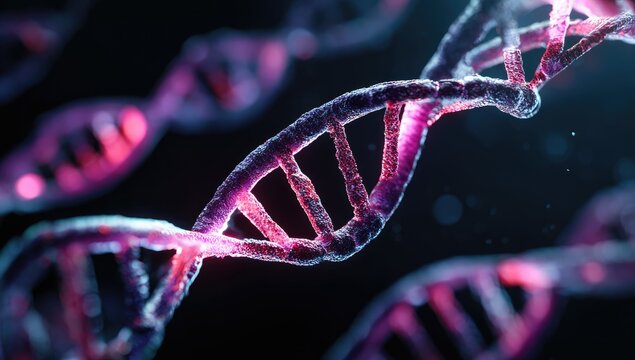 Close-up view of glowing DNA strands. Abstract, vibrant, scientific image of multiple double helix DNA structures. Highlighted in pink and purple. Dark background with subtle bokeh effect