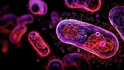 Microscopic view of bacteria, vibrant colors, detailed structures