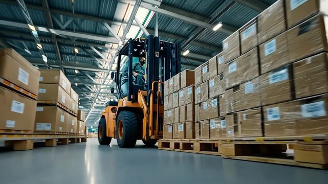 Forklift operator transports boxes in large warehouse during busy workday in industrial setting