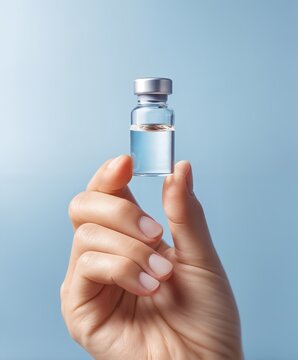 Una mano sosteniendo una ampolla de vacuna contra un fondo azul.