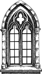 Gothic arched window sketch. Medival church architecture element. Halloween decor. NOT AI generated