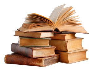 Stack of antique books, one open, displaying aged pages