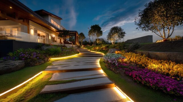 A modern garden landscape with an illuminated pathway leading to a residential house, highlighting ambient lighting installations and vibrant flowers.