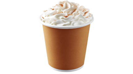 • A pumpkin spice latte with whipped cream for fall, isolated on white background in HD 