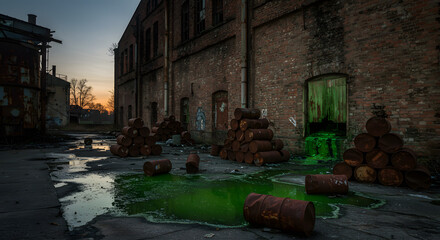 Glowing green toxic sludge leaking from rusty barrels in a derelict abandoned industrial factory zone.